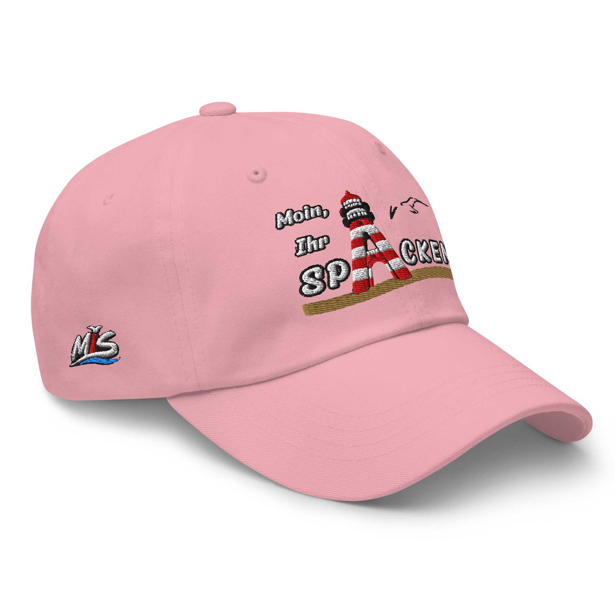 Dad hat "Moin Ihr Spacken"Hell gestickt